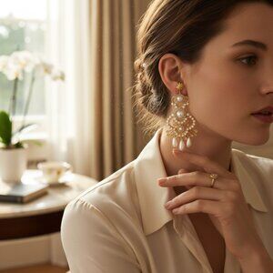 Women's Earrings Designer Elizabeth Cole Faux Pearl/Crystal Gold Plated Earrings